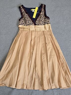 NWT Catherine Malandrino Cocktail Dress Size 6 Tan Navy Maroon Cotton Silk Party